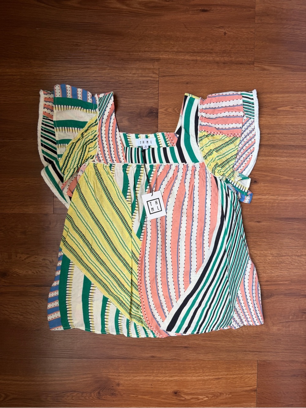 THML Colorblock Striped Flutter Sleeve Blouse - Coral, Green & Yellow - Picture 1 of 3